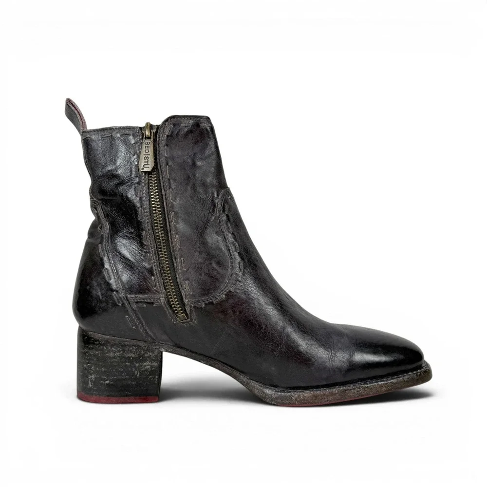Bed Stu Merryli Black Rustic Leather Square Toe Ankle Boots Womens 10